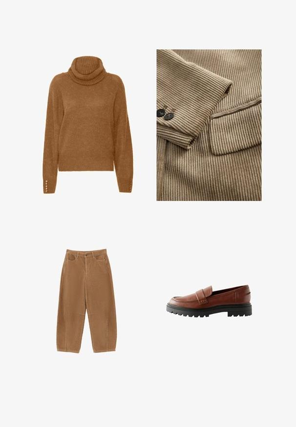 Beige kordfløjljakkeærme med to mørke knapper og detaljer med klaplomme på ribbet tekstiler.; Brun turtleneck trøje med en blød, struktureret overflade og lange ærmer. Har perle-lignende detaljer på manchetterne.; Brune bredbenede bukser i kordfløjl med en tekstureret finish, der har to forlommer og en knaplukning ved linningen.; Brune læder loafers med en forhøjet tåhætte, dekorativ rem og tekstureret sort gummisål med markant mønster.