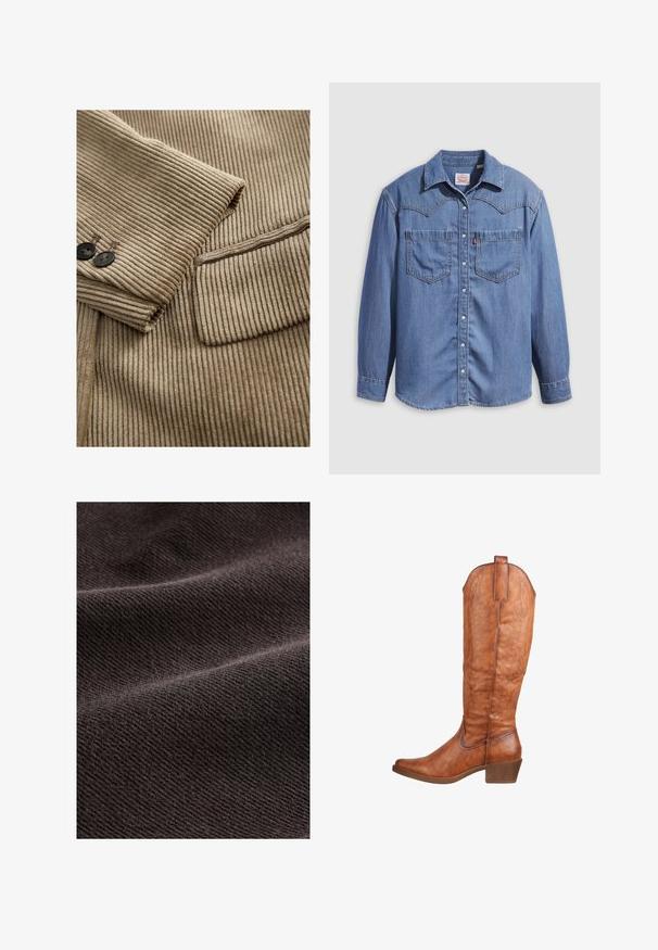 Manga de chaqueta de pana beige con dos botones oscuros y un bolsillo de solapa en un tejido acanalado texturizado.; Camisa de mezclilla azul claro con cuello puntiagudo, dos bolsillos en el pecho y botones a presión. Presenta un diseño de canesú estilo occidental.; Primer plano de tela marrón oscuro texturizada con pliegues suaves y patrón de tejido visible.; Botas de cuero marrón hasta la rodilla con punta ligeramente afilada, costura decorativa y un tacón modesto. Acabado texturizado con una lengüeta en la parte posterior.
