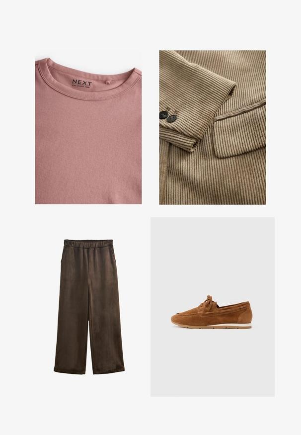 Manga de chaqueta de pana beige con dos botones oscuros y un bolsillo de solapa en un tejido acanalado texturizado.; Camiseta de manga larga en color rosa polvoriento, hecha de algodón suave, con un sencillo cuello redondo y una textura lisa. La etiqueta dice "NEXT."; Pantalones de pana marrón de pierna ancha con cintura elástica, que presentan una textura de estrías verticales y sin cierres o bolsillos visibles.; Mocasín de cuero ante marrón con detalle de cordones, suela de caucho blanca y beige, mostrado de perfil sobre un fondo claro y liso.