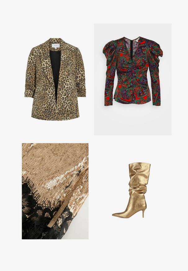 Blazer s leopardím vzorom s jednoradovým zapínaním, špicatými klopami, dvoma prednými vreckami a hladkou textúrou v odstieňoch béžovej a čiernej.; Veronica Beard SIMMONS - Blúzka - flame red multi; Zlatá flitrová látka s textúrovaným čiernym čipkovým lemom. Flitre sú tesne usporiadané, odrážajú svetlo a vytvárajú lesklý povrch.; LOLA CASADEMUNT Čižmy - gold