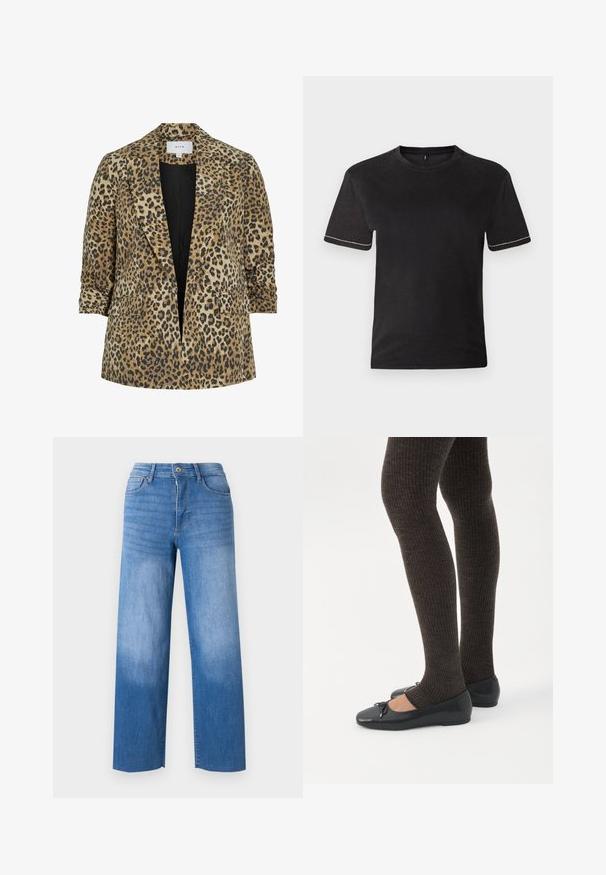 Blazer de estampado de leopardo que presenta un diseño de un solo botón, solapas en pico, dos bolsillos frontales y una textura suave en tonos de marrón y negro.; Camiseta de algodón negra de manga corta, con escote redondo y costuras en blanco en los puños de las mangas. Textura suave, corte relajado.; Jeans de denim azul claro con corte de pierna ancha, que cuentan con cinco bolsillos, cremallera y un ligero desgaste en los muslos. Bordes con acabado limpio.; Piernas con leggings oscuros acanalados combinados con bailarinas negras que presentan pequeños detalles de lazo sobre un fondo blanco.
