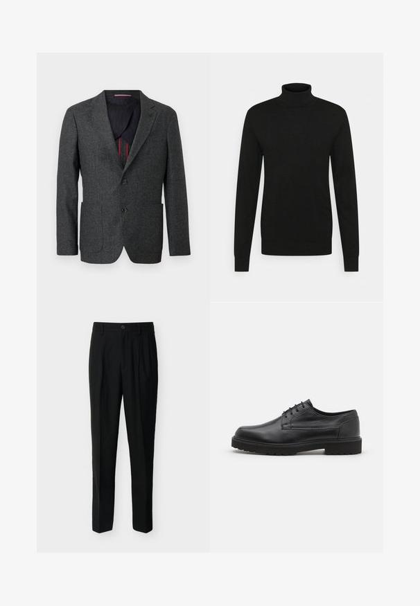 Dunkelgrauer Tweed-Blazer mit Reverskragen, zwei Fronttaschen und zwei Knöpfen. Das Innenfutter ist kontrastierend in Marineblau mit roten Akzenten gestaltet.; Schwarzer Rollkragenpullover aus weichem, dehnbarem Material. Lange Ärmel, gerippter Kragen und Bündchen sowie eine figurbetonte Silhouette.; Schwarze, hoch taillierte, maßgeschneiderte Hose mit Gürtelschlaufen, vorderen Falten, Seitentaschen sowie Knopf- und Reißverschluss.; Schwarzer Lederschuh mit abgerundeter Zehenpartie, glatter Oberfläche und minimaler Nahtführung. Verfügt über eine Schnürverschluss und eine dicke, strukturierte Gummisohle.