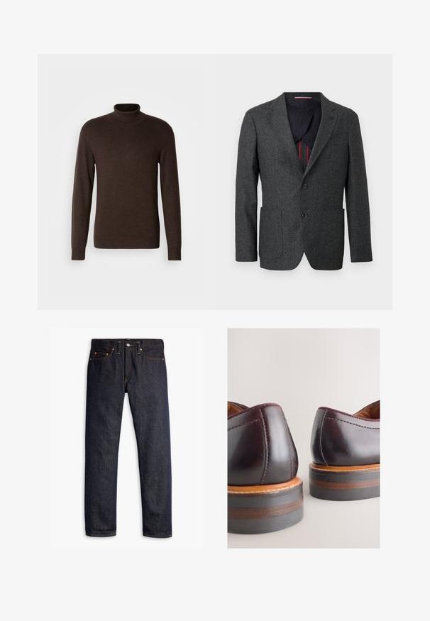 Blazer de tweed gris oscuro con solapa con muesca, dos bolsillos delanteros y dos botones. El interior presenta un forro azul marino en contraste y detalles en rojo.; Suéter marrón de cuello alto hecho de material suave, con mangas largas y un cuello acanalado. Textura suave con un diseño ajustado.; Vaqueros de denim azul oscuro con corte recto, diseño de cinco bolsillos, remaches de cobre, costuras amarillas y una tela texturizada distintiva.; Zapatos de cuero burdeos oscuro con un acabado liso, suelas de madera en contraste y costuras sutiles a lo largo de los bordes. Diseño de tacón redondeado.