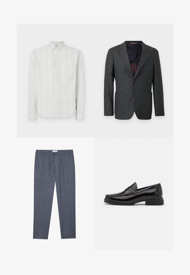 Dunkelgrauer Tweed-Blazer mit Reverskragen, zwei Fronttaschen und zwei Knöpfen. Das Innenfutter ist kontrastierend in Marineblau mit roten Akzenten gestaltet.; Hellgraues Langarmshirt mit weißen vertikalen Streifen, Knopfverschluss vorne und klassischem Kragen. Besitzt eine detailreiche Manschette an den Ärmeln.; Grau, gerade geschnittene Hose mit elastischem Bund und subtilem Muster. Der Stoff wirkt weich und bequem, ideal für lässige Outfits.; Schwarze Lederloafers mit runder Zehenform, ausgestattet mit einer genähten Detail über dem Vorderschaft und einem niedrigen Blockabsatz. Glatte Textur und glänzende Oberfläche.