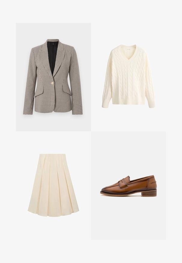 Houndstooth ternet blazer i brun og sort, med en enkelt guldknap, to forlommer og en struktureret krave. Foret inderside.; Cremefarvet kabelstrikket sweater med lange ærmer og ribstrikket V-hals, kant og manchetter på hvid baggrund.; Plisseret nederdel i cremefarvet stof; har en blød tekstur, mellemlang design og symmetriske plisseringer, der strækker sig fra taljen til kanten.; Brune læder loafers med en struktureret vævet frontpanel, rund tå og lav stablet hæl. Glat finish med diskret stikningsdetalje.