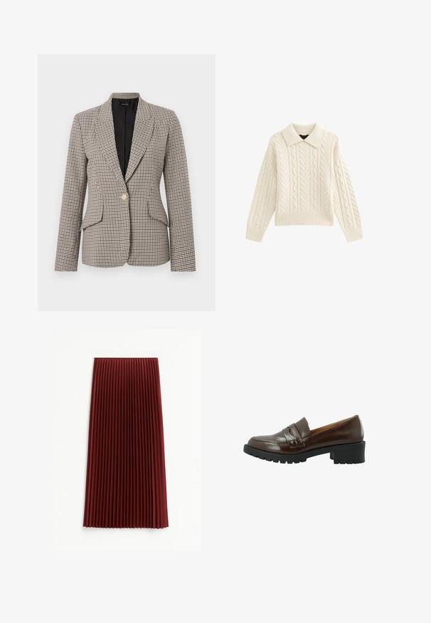 Blazer con estampado pata de gallo en marrón y negro, con un solo botón dorado, dos bolsillos delanteros y cuello estructurado. Forro interior.; Jersey de punto trenzado en crema, con un cuello tipo polo, dobladillo acanalado y mangas largas con patrones texturizados. Tejido suave y de punto.; Falda midi plisada en rojo profundo, con un tejido texturizado y pliegues verticales uniformemente espaciados. El dobladillo llega aproximadamente a la mitad de la pantorrilla.; Mocasin de cuero marrón con acabado texturizado, que presenta una correa prominente en el empeine, suela de goma negra resistente y tacón bajo.