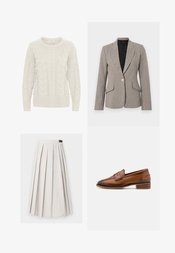 Blazer à carreaux pied-de-poule en marron et noir, avec un seul bouton doré, deux poches avant et un col structuré. Intérieur doublé.; Pull en maille torsadée gris clair avec un col rond, des motifs texturés, et des poignets et un ourlet côtelés. Fabriqué en fil doux et épais.; Longue jupe blanche plissée avec une fermeture latérale à boucle, présentée à plat sur un fond blanc.; Mocassins en cuir marron avec un panneau avant tissé texturé, bout rond et petit talon empilé. Finition lisse avec des détails de couture subtils.