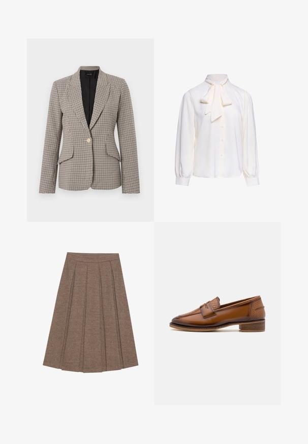 Blazer à carreaux pied-de-poule en marron et noir, avec un seul bouton doré, deux poches avant et un col structuré. Intérieur doublé.; Blouse blanche à manches longues avec boutonnière devant et grand nœud noué au col sur un fond uni.; Jupe plissée en tissu marron à motif en chevrons, dotée d'une taille ajustée et d'une silhouette évasée, offrant une texture et un design structurés.; Mocassins en cuir marron avec un panneau avant tissé texturé, bout rond et petit talon empilé. Finition lisse avec des détails de couture subtils.