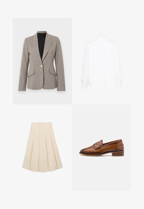 Houndstooth ternet blazer i brun og sort, med en enkelt guldknap, to forlommer og en struktureret krave. Foret inderside.; Hvid bluse med lange ærmer og spidse blondekrave samt manchetter, som har en vertikal blondebeskæring ned over midten af ryggen.; Plisseret nederdel i cremefarvet stof; har en blød tekstur, mellemlang design og symmetriske plisseringer, der strækker sig fra taljen til kanten.; Brune læder loafers med en struktureret vævet frontpanel, rund tå og lav stablet hæl. Glat finish med diskret stikningsdetalje.