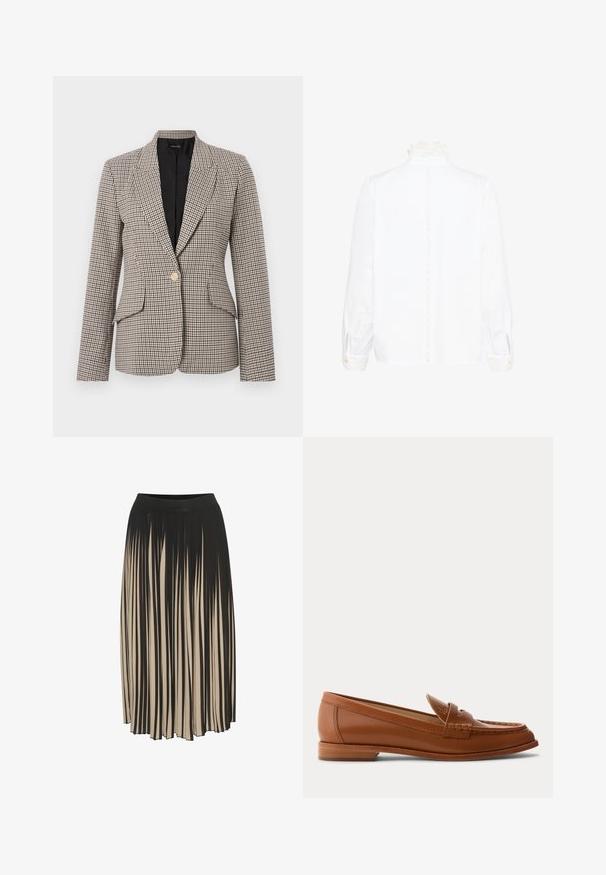Houndstooth ternet blazer i brun og sort, med en enkelt guldknap, to forlommer og en struktureret krave. Foret inderside.; Hvid bluse med lange ærmer og spidse blondekrave samt manchetter, som har en vertikal blondebeskæring ned over midten af ryggen.; Fald midi med plissering i sort og beige med høj elastisk talje, der har lodrette striber og en strømlinet design, der giver bevægelse.; Brun læderloafer med lavt træsål, klassisk penny-rem og syet detalje langs tå og sider.