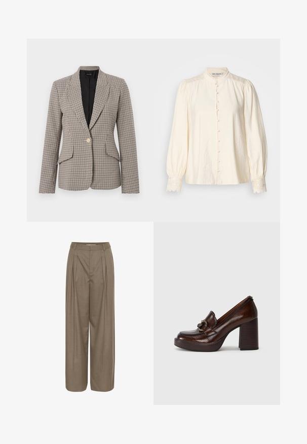 Houndstooth ternet blazer i brun og sort, med en enkelt guldknap, to forlommer og en struktureret krave. Foret inderside.; Hvid bluse med høj krave, frontknaplukning og puf-ærmer. Har blonder façade ved ærmerne og en subtil tekstureret stof.; Plisserede bukser med bred ben i en lys brun stof, med en struktureret talje og en glat tekstur, designet til komfort og alsidighed.; Brune læder hæl loafers med en glat overflade, en rund tå og en dekorativ kæde spænde på forfoden. Design med blokeret hæl.