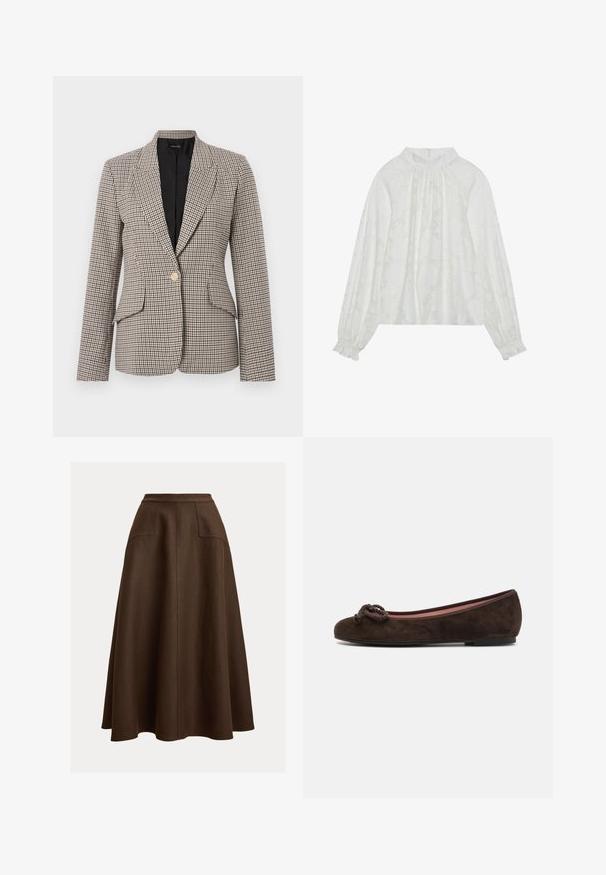 Sako so vzorom houndstooth v hnedej a čiernej farbe, s jedným zlatým gombíkom, dvoma prednými vreckami a štruktúrovaným golierom. Podšívané vnútrajšok.; Biela blúzka s dlhým rukávom, s textúrovaným kvetinovým vzorom, zberaným výstrihom a elastickými manžetami. Mäkko, ľahký materiál.; Hnedá ľanová sukňa áčkového strihu s vysokým pásom, vybavená dvoma prednými vreckami a hladkou textúrou, s dĺžkou pod kolená.; Pretty Ballerinas Balerínky - brown