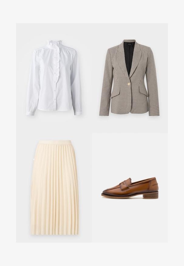 Houndstooth ternet blazer i brun og sort, med en enkelt guldknap, to forlommer og en struktureret krave. Foret inderside.; Hvid skjorte med lange ærmer, flæset høj krave og lodret flæseaccent foran. Letvægts bomuldsstof.; Kremfarvet plisseret midi-nederdel med en tætsiddende talje, hængende lige ned foran en ensfarvet baggrund.; Brune læder loafers med en struktureret vævet frontpanel, rund tå og lav stablet hæl. Glat finish med diskret stikningsdetalje.
