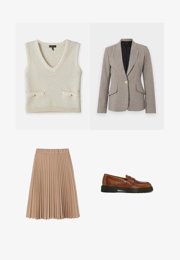 Houndstooth ternet blazer i brun og sort, med en enkelt guldknap, to forlommer og en struktureret krave. Foret inderside.; Strikket ærmeløs vest i creme med V-hals, der har diagonal tekstur, to forlommer med guldknapper og strikkede kantdetaljer.; Plisseret nederdel lavet af blødt beige stof; har en elastisk talje og et svævende design med smalle, jævne folder overalt.; Brune læderloafers med tekstureret detalje; rund tå og syninger; robust sort gummiydersål for godt greb.