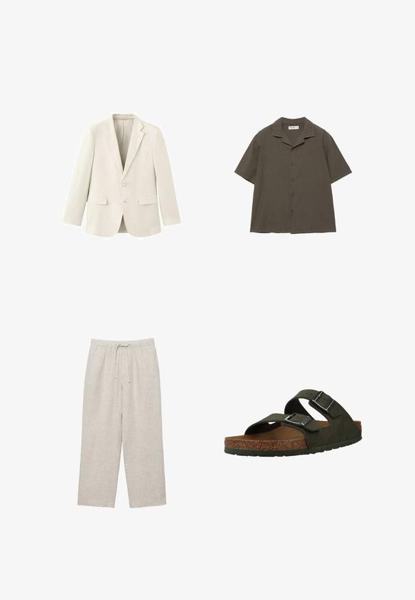 Enkeltknappet cremefarvet blazer med hakket revers, to frontlommer med klap, en brystlomme og lukning med to knapper.; Brun kortærmet skjorte med knapper og camp-krave, fem knapper foran og en lige kant.; Lyse beige hørbukser med elastisk talje og snøre, lige ben og sidelommer.; Grønne slip-on sandaler med to justerbare stropper, en korksål og en gummisål. Har sølvspænder og et tekstureret overmateriale.