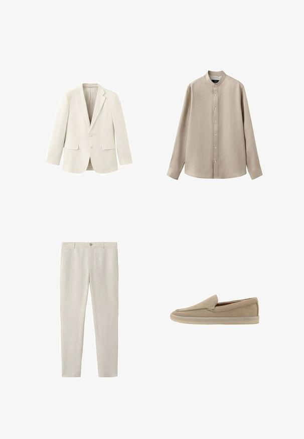 Veste blazer crème à simple boutonnage avec revers en encoche, deux poches à rabat à l'avant, une poche poitrine et une fermeture à deux boutons.; Chemise beige à manches longues avec col montant et fermeture à boutons sur le devant, présentée sur fond blanc.; Pantalon beige clair à jambes droites avec fermeture par bouton et passants de ceinture, doté de poches avant et arrière.; Mocassin beige en daim à enfiler, semelle en caoutchouc clair, petit talon et coutures discrètes le long du bord supérieur.