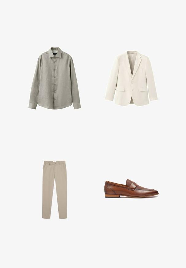 Veste blazer crème à simple boutonnage avec revers en encoche, deux poches à rabat à l'avant, une poche poitrine et une fermeture à deux boutons.; Chemise à manches longues gris clair avec col, patte de boutonnage frontale et poignets boutonnés, présentée sur un fond blanc.; Pantalons beiges sur mesure en tissu lisse. Comprend des poches avant, une fermeture à bouton et une coupe droite élégante.; Mocassins en cuir marron avec une bande texturée, bout rond et petit talon empilé. Finition lisse avec des détails de couture discrets.