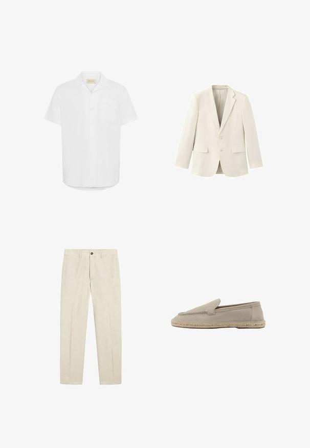 Veste blazer crème à simple boutonnage avec revers en encoche, deux poches à rabat à l'avant, une poche poitrine et une fermeture à deux boutons.; Chemise blanche à manches courtes, fabriquée en tissu léger, avec une poche poitrine unique et un design décontracté.; Pantalon en lin beige avec fermeture par bouton et zip, poches latérales, passants pour ceinture et coupe droite.; Mocassin beige en daim à enfiler avec semelle en jute tressée, détails cousus le long des bordures supérieures, talon plat et bout rond.