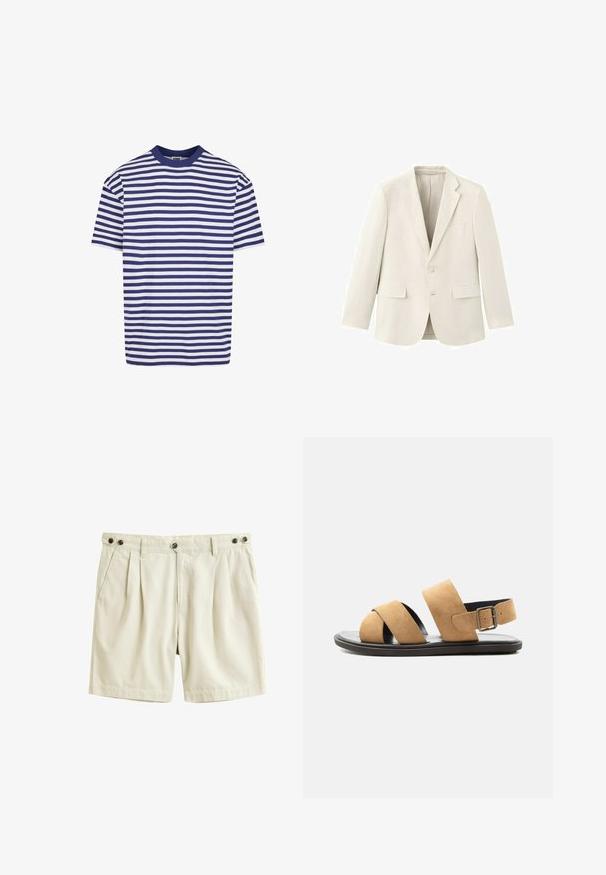 Einreihiges cremefarbenes Sakko mit Notch-Revers, zwei vorderen Pattentaschen, einer Brusttasche und Zwei-Knopf-Verschluss.; Kurzärmliges gestreiftes T-Shirt mit navyblauen und weißen horizontalen Streifen, runder Ausschnitt, lockere Passform und weichem Baumwollmaterial.; Beige maßgeschneiderte Shorts mit vorderen Falten, Seitentaschen, Knopfverschlüssen am Bund und verstellbaren seitlichen Laschen vor weißem Hintergrund.; Herren-Sandale aus hellbraunem Wildleder mit zwei breiten Riemen, schwarzer Sohle und verstellbarem Schnallenriemen an der Ferse, auf weißem Hintergrund dargestellt.
