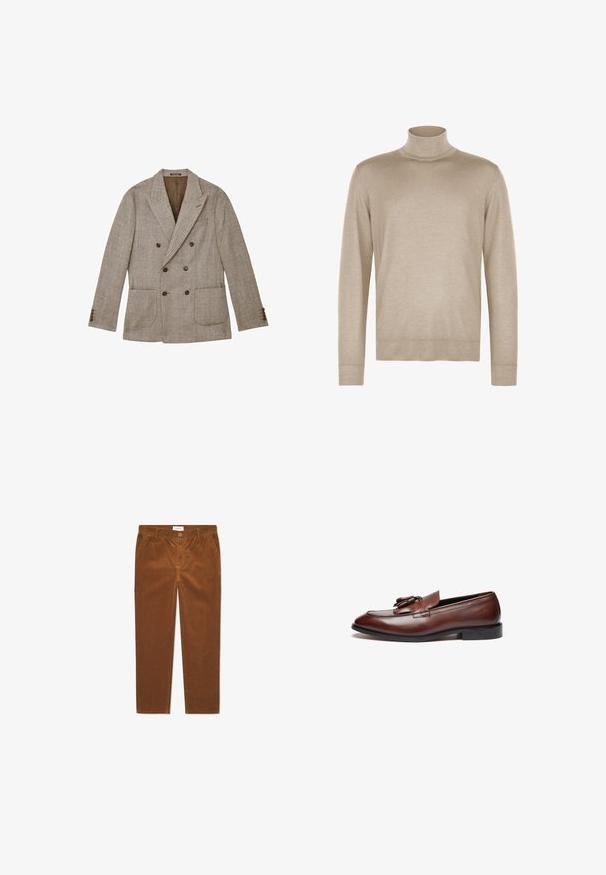 Brun dobbeltradet blazer i sildebensmønster med hakrevers, seks knapper, to store forlommer og manchetter med knapper.; Beige langærmet rullekravesweater lavet af blødt strikket stof med ribkantede manchetter og kant.; Brune fløjl bukser med lige pasform, der har frontlommer, knaplukning og lodrette ribbede strukturer.; Brune læder loafers med en glat finish, dekorative kvaster, en rund tå og en lav sort gummisål.