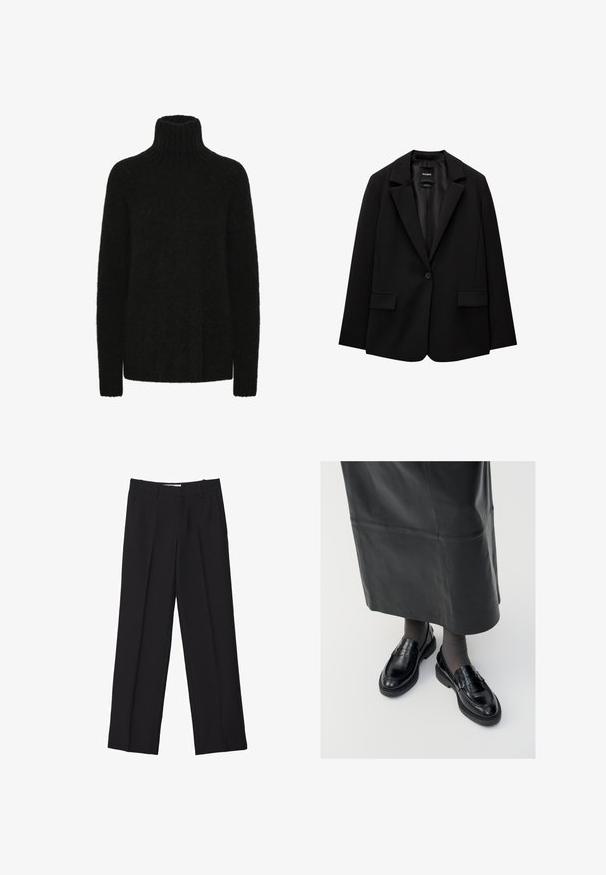 Sort blazer lavet af glat stof med enkelt knaplukning, klaplapper og to frontlommer. Minimalistisk design, skræddersyet pasform.; Sort turtleneck trøje lavet af blødt, tekstureret materiale; løs pasform med ribbet krave og manchetter. Lange ærmer og ingen synlige mønstre.; Sorte skræddersyede bukser med lige ben-design, der har dobbelte folder, en glat tekstur og diskrete forreste sømdetaljer.; Sorte læder loafers med en glat finish, prydet med en dekorativ rem, rund tå og tekstureret sål. Båret med en lang sort læderskirt.