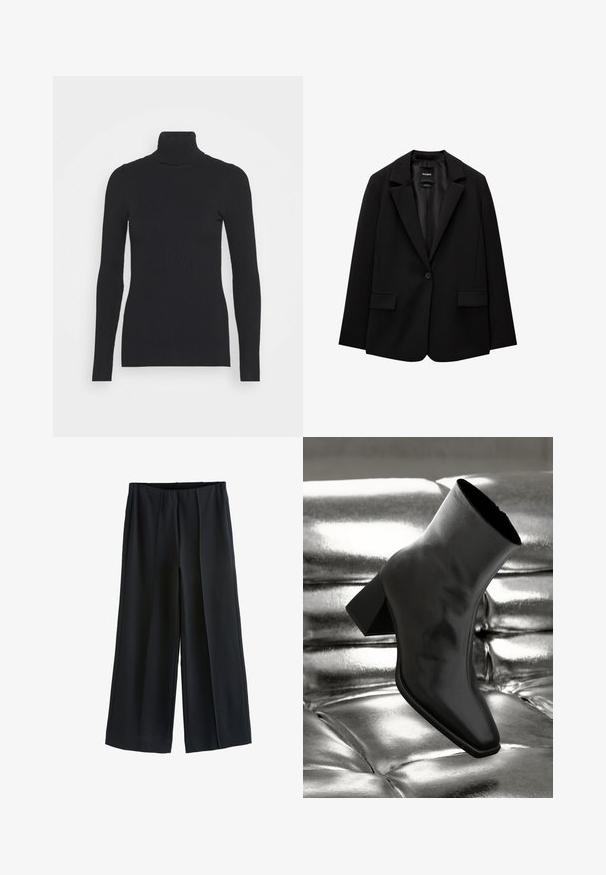 Zwarte blazer van gladde stof met een enkele knoopsluiting, notch-lapels en twee voorzakken. Minimalistisch ontwerp, getailleerde pasvorm.; Zwarte geribde coltrui met lange mouwen en een aansluitende pasvorm. De textuur is glad met een horizontaal ribpatroon.; Zwarte wijde broek met een hoge taille en centrale plooi, getoond tegen een witte achtergrond.; Zwarte enkellaarsjes van glanzend materiaal met een vierkante neus en taps toelopende hak, afgezet tegen een glanzende zilveren gecapitonneerde achtergrond.