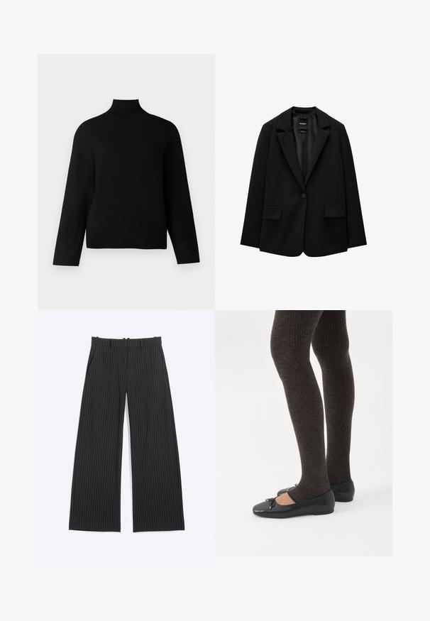 Blazer noir en tissu lisse avec une fermeture à bouton unique, des revers crantés et deux poches avant. Design minimaliste, coupe ajustée.; Un pull col roulé noir en tricot doux, doté de manches longues et d'une coupe décontractée. Texture lisse sans motifs ou accents visibles.; Pantalon large noir à fines rayures blanches, avec passants de ceinture, poches avant et fermeture avant dissimulée.; Jambes portant des leggings côtelés foncés associés à des ballerines noires avec de petits détails en nœud sur fond blanc.