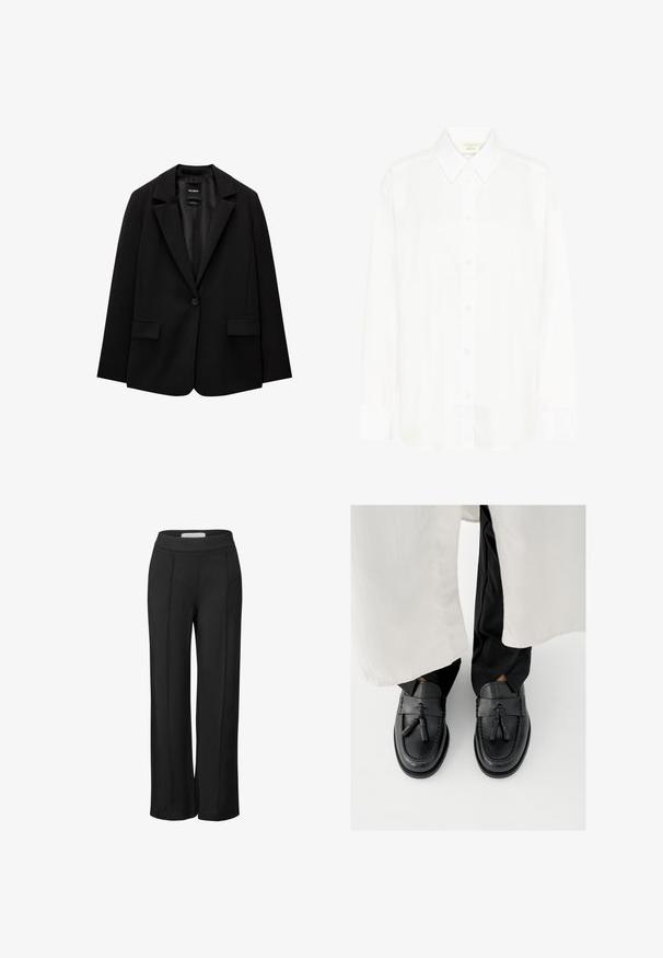 Zwarte blazer van gladde stof met een enkele knoopsluiting, notch-lapels en twee voorzakken. Minimalistisch ontwerp, getailleerde pasvorm.; Witte blouse met lange mouwen, knoopsluiting voor, een klassieke kraag en een reguliere pasvorm. Gemaakt van gladde stof, met acht knopen aan de voorkant.; Zwarte wijde broek van zachte stof met een gladde textuur. Kenmerkt zich door een hoge, elastische tailleband en subtiele voorplooien.; Zwarte leren loafers met kwastaccenten, voorzien van een afgeronde neus, gestikte details en een gladde afwerking, gedragen met zwarte broek.