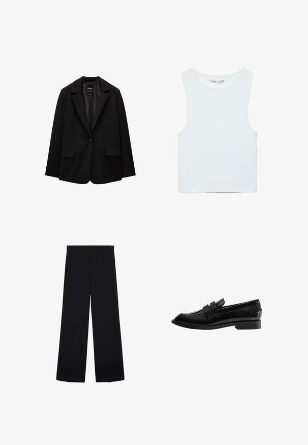 Zwarte blazer van gladde stof met een enkele knoopsluiting, notch-lapels en twee voorzakken. Minimalistisch ontwerp, getailleerde pasvorm.; Witte mouwloze crop top met ronde hals, gemaakt van gladde stof, met Pull&Bear-label, geschikt voor casual wear.; Zwarte wijde broek met een gladde stof, hoge taille en geplooide voorkant, met een schoon, minimalistisch ontwerp zonder patronen of hardware.; Zwarte leren loafer met een glanzende afwerking, licht puntige neus, instapmodel, en een lage rechthoekige hak met gestikte details.