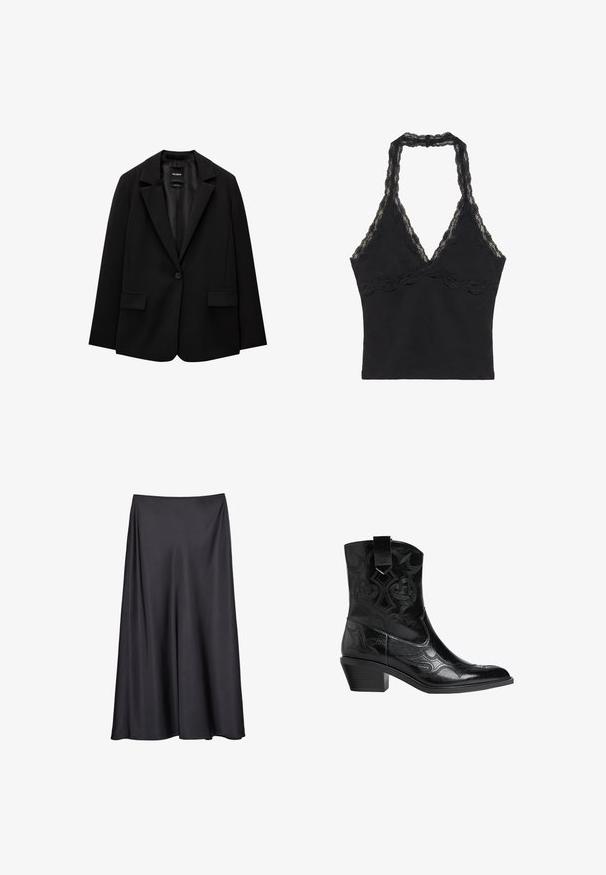 Blazer noir en tissu lisse avec une fermeture à bouton unique, des revers crantés et deux poches avant. Design minimaliste, coupe ajustée.; Camisole noire à col halter avec bordure en dentelle le long de l'encolure et sous la poitrine, ajustée avec un design avant en forme de V.; Jupe noire en A, réalisée en tissu lisse, dotée d'une large ceinture élastique et d'un design fluide qui tombe jusqu'à mi-mollet.; Botte de cowboy en cuir noir avec un bout pointu, des coutures décoratives et un petit talon carré. Comprend une languette pour un enfilage facile.