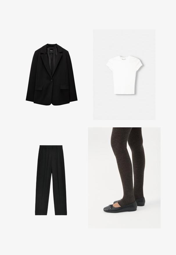 Sort blazer lavet af glat stof med enkelt knaplukning, klaplapper og to frontlommer. Minimalistisk design, skræddersyet pasform.; Hvid kortærmet t-shirt lavet af blød bomuld, med rund halsudskæring og en tætsiddende form. Ingen synlige mønstre eller udsmykninger.; Sorte, højtaljede bukser med lige ben-design, der har plisseringer og sidelommer, lavet af et letvægtsstof.; Ben iført mørke ribbede leggings kombineret med sorte balletsko med små sløjfedetaljer på hvid baggrund.