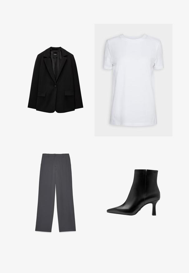 Sort blazer lavet af glat stof med enkelt knaplukning, klaplapper og to frontlommer. Minimalistisk design, skræddersyet pasform.; Simpel hvid T-shirt med korte ærmer og rund hals, normal pasform og et lille indvendigt mærke på nakken med teksten "SELECTED FEMME."; Grå brede bukser lavet af glat stof, med en klassisk talje, bæltestropper og sidelommer. Ingen synlige mønstre eller udsmykninger.; Sort læder ankelstøvle med spids tå, høj stilettohæl, glat tekstur og minimalistisk design. Inkluderer en lynlåslukning bagpå.