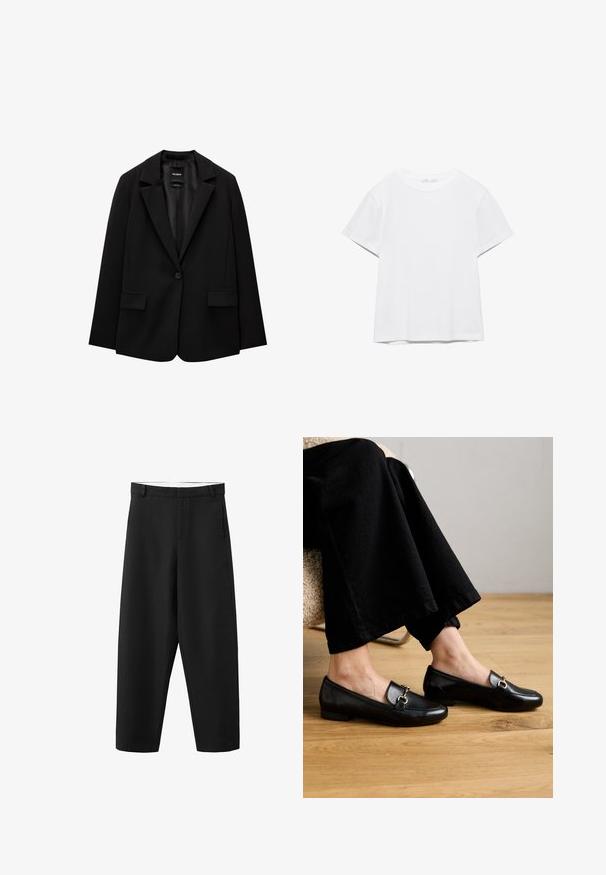 Sort blazer lavet af glat stof med enkelt knaplukning, klaplapper og to frontlommer. Minimalistisk design, skræddersyet pasform.; Hvid, kortærmet T-shirt med rund hals og lige kant, vist på en hvid baggrund.; Sorte bukser med lige ben, bæltestropper, frontlynlås og et rent, enkelt design, der passer til både formelt og afslappet brug.; Sorte læder loafers med firkantet tå og lille hæl, der har en dekorativ hardware i guldfarve på oversiden.