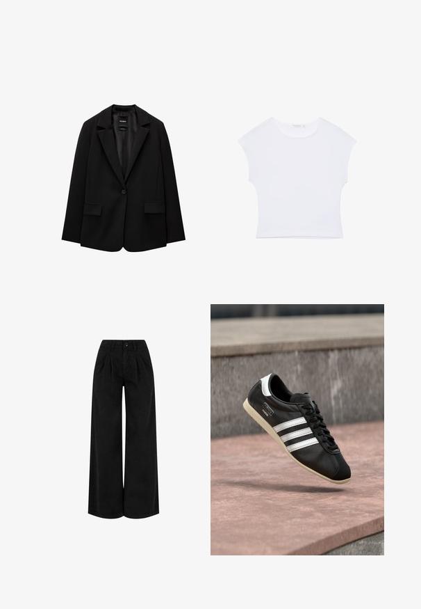 Sort blazer lavet af glat stof med enkelt knaplukning, klaplapper og to frontlommer. Minimalistisk design, skræddersyet pasform.; Hvid kortærmet cropped T-shirt med rund halsudskæring, lavet af glat stof, lagt fladt på en hvid baggrund.; Sorte bukser med høj talje og vide ben med forreste plisseringer, knaplukning og bæltestropper, vist mod en hvid baggrund.; Sort lædersneaker med hvide striber og sål, snøret, svævende over en rosa betonoverflade med en grå stenvæg i baggrunden.