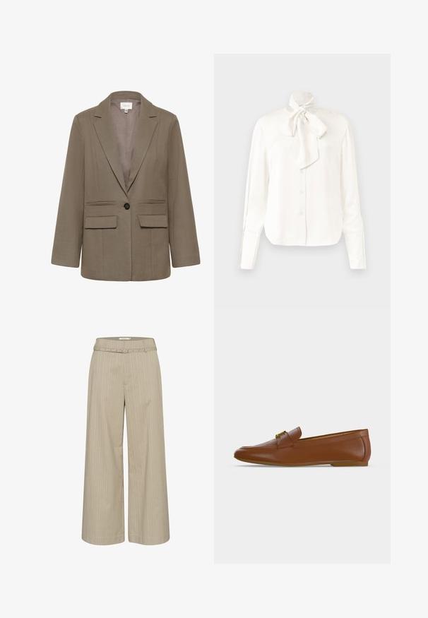 Blazer marron à coupe ajustée, avec col cranté, deux poches avant et une fermeture à un bouton. Tissu lisse avec une texture subtile.; Blouse blanche à manches longues en tissu léger avec col haut et un grand nœud au niveau du cou, dotée d'une fermeture à boutons sur le devant.; Pantalons larges en tissu beige clair avec des rayures verticales, dotés d'une ceinture assortie et de quincaillerie décorative au niveau de la taille.; Mocassin en cuir marron avec une boucle dorée et un petit talon plat, vu de profil sur un fond clair uni.
