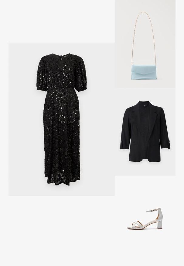 Blazer noir pour femme avec manches trois-quarts, revers crantés, pattes de manches boutonnées et devant ouvert, présenté sur un fond uni.; Robe noire pailletée avec des manches courtes bouffantes, taille cintrée, décolleté en trou de serrure et longueur jusqu'au sol.; Sandales blanches en cuir avec un talon carré et une bride à la cheville ; elles présentent des bandes croisées à l'avant et un design lisse et épuré.; Sac à main rectangulaire en cuir bleu clair avec fermeture à rabat et fine chaîne dorée sur fond blanc.