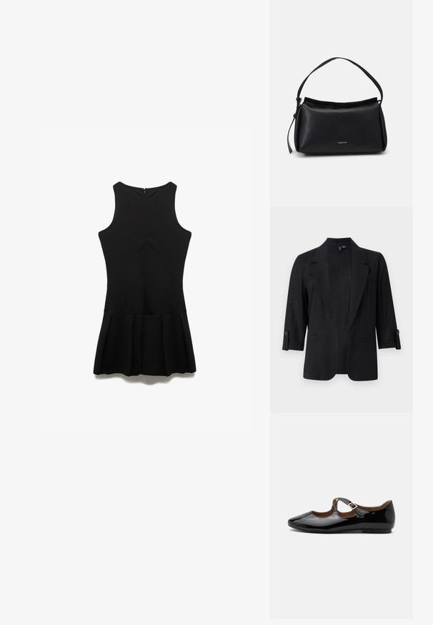 Blazer noir pour femme avec manches trois-quarts, revers crantés, pattes de manches boutonnées et devant ouvert, présenté sur un fond uni.; Robe noire sans manches avec un corsage ajusté et une jupe plissée évasée. Tissu lisse avec une fermeture éclair dans le dos. Design simple et épuré.; Chaussure plate Mary Jane en cuir verni noir avec deux découpes et une bride à boucle dorée sur fond blanc.; Sac à main en cuir noir avec une forme courbée, une seule sangle et une fermeture zippée sur le dessus. Présente un logo discret sur le devant pour l'identification de marque.