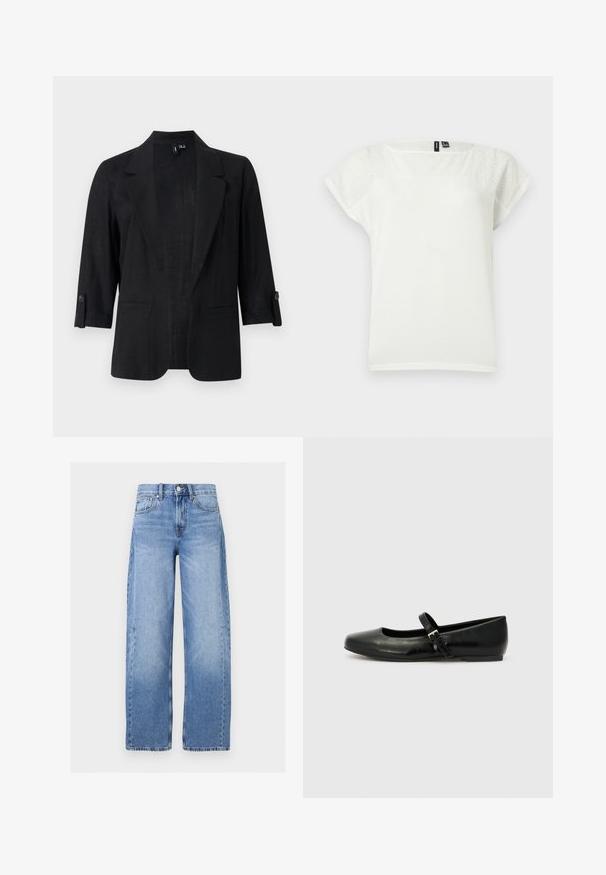 Blazer noir pour femme avec manches trois-quarts, revers crantés, pattes de manches boutonnées et devant ouvert, présenté sur un fond uni.; Blouse blanche à manches courtes avec détails en dentelle ajourée sur le haut de la poitrine et les manches, encolure ronde, vue à plat sur fond clair.; Jean taille haute en denim bleu clair avec jambes larges, bouton et zip à l'avant, passants de ceinture et style cinq poches.; Ballerines en cuir noir avec un bout arrondi, une semelle plate et une fine sangle ajustable sur le cou-de-pied avec une boucle en métal.