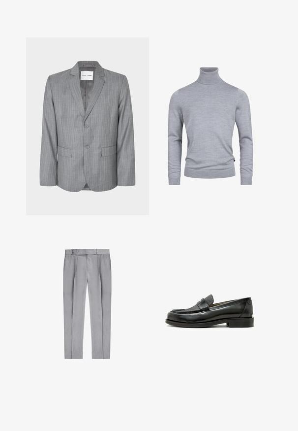 Grijze blazer met streepdessin, met een enkelvoudige knopening, twee voorkruiken en een gelapt kraag. Glad binnenvoering, sluiting met twee knopen.; Grijze coltrui gemaakt van een zachte breistof. Beschikt over lange mouwen en een getailleerd ontwerp met geribde manchetten en zoom. Simpele, gladde textuur.; Lichtgrijze op maat gemaakte broeken met voorplooien, zijzakken, riemlussen en dubbele knoopsluiting bij de taille.; Zwarte leren loafer met een textuuraccent van zwart leer, ronde neus en een lage blokhak; beschikt over een decoratief metallic detail.