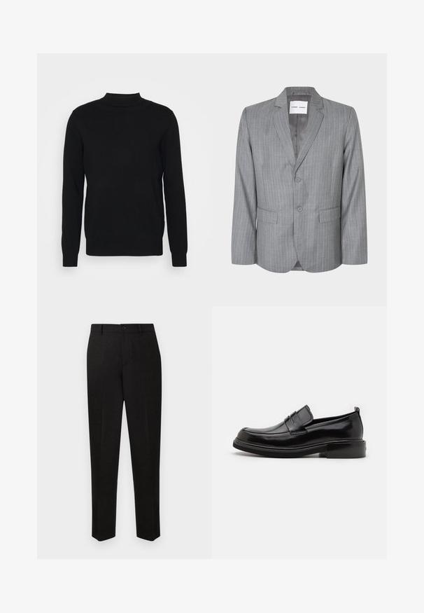 Blazer gris à rayures fines avec un design à boutonnage simple, deux poches avant et un col cranté. Doublure intérieure lisse, fermeture à deux boutons.; Pull en noir en tissu doux, avec un col haut et des manches longues. Design simple, sans motifs ni embellissements.; Pantalon noir sur mesure à coupe droite, doté d'une fermeture à bouton et d'une texture subtile. Pas de motifs ni d'accents visibles.; Calvin Klein MOCCASIN - Mocassins de ville - black