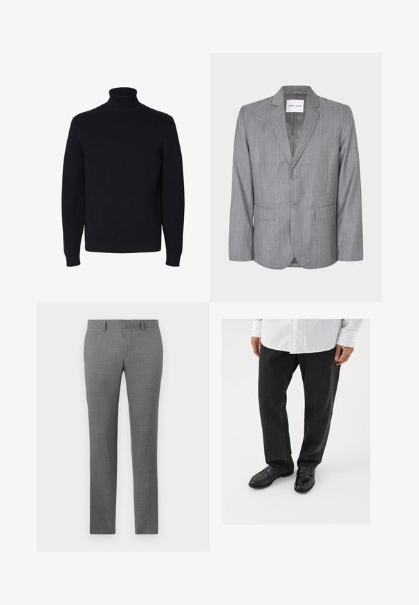 Grijze blazer met streepdessin, met een enkelvoudige knopening, twee voorkruiken en een gelapt kraag. Glad binnenvoering, sluiting met twee knopen.; Zwarte, gebreide coltrui met lange mouwen en geribde manchetten en zoom, weergegeven op een witte achtergrond.; Grijze op maat gemaakte broek met een gladde textuur, rechte pijpdesign, riemlussen en een subtiel visgraatpatroon doorheen.; Zwarte denim broek gecombineerd met glanzende zwarte instappers. Het shirt is wit met dunne verticale strepen, heeft lange mouwen en een geknoopte kraag.
