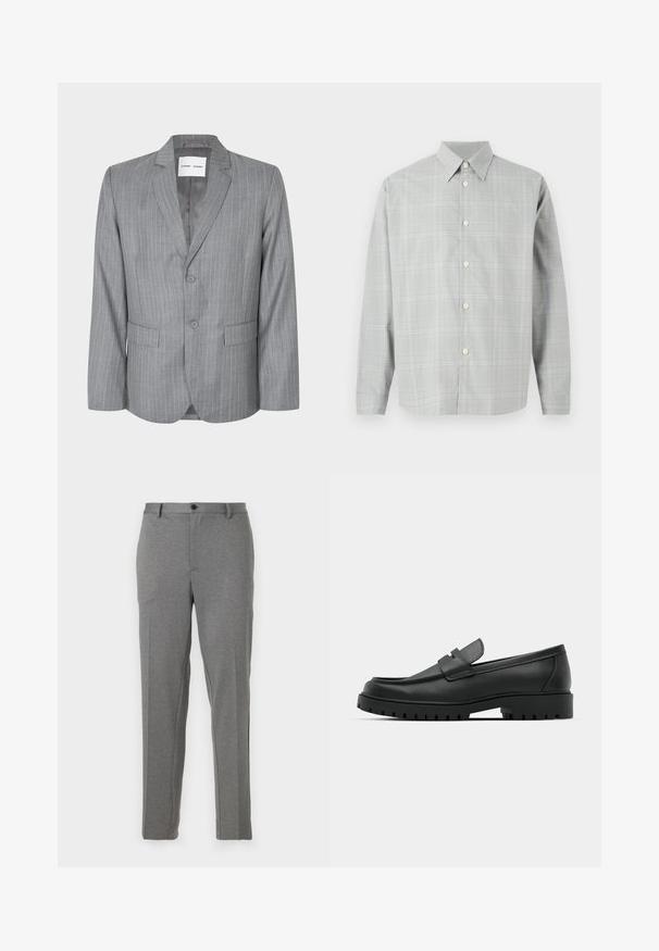 Blazer gris con rayas finas, diseño de un solo botón, dos bolsillos frontales y cuello con muesca. Forro interior suave, cierre de dos botones.; Camisa de manga larga gris con un ligero patrón de cuadros, diseño con botones en la parte delantera, cuello de punta y textura de tela suave.; Pantalones gris ajustados que presentan una textura suave, un ligero patrón, cierre de cremallera y botón, con bolsillos frontales y piernas acampanadas.; Mocasines de cuero negro con punta redonda, que cuentan con un diseño cosido, suela de plataforma baja y una suela de goma texturada y con tacos.