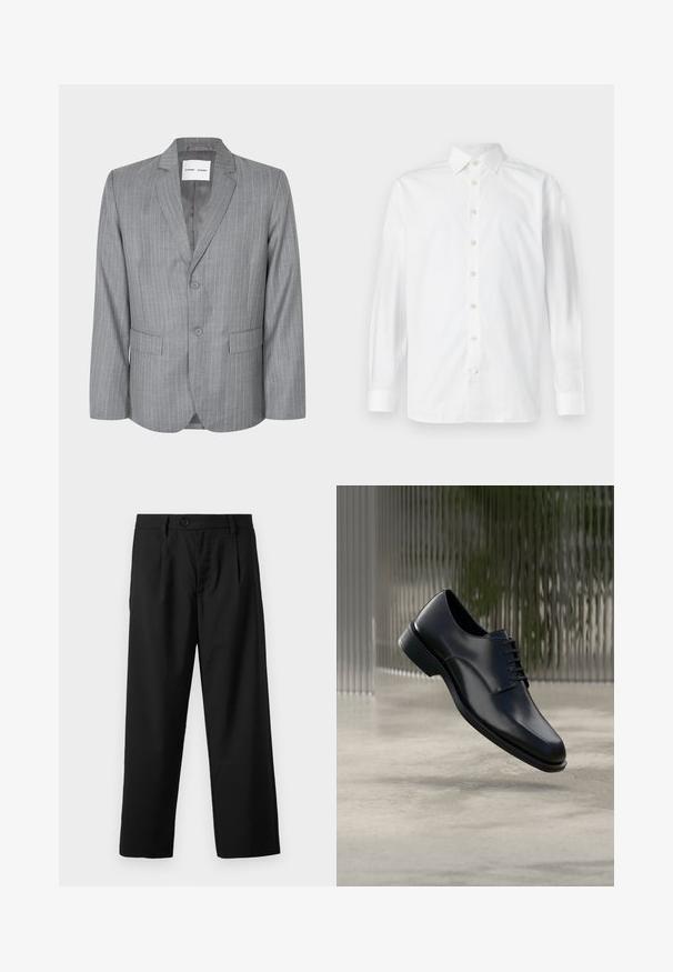 Blazer gris à rayures fines avec un design à boutonnage simple, deux poches avant et un col cranté. Doublure intérieure lisse, fermeture à deux boutons.; Chemise blanche à manches longues avec boutons, col à l'italienne et poignets boutonnés, présentée sur un fond blanc uni.; Pantalons noirs à coupe droite, avec une fermeture à un bouton, deux poches avant et une texture de tissu lisse et léger.; Chaussure habillée en cuir noir à finition lisse, design à lacets, bout arrondi et coutures discrètes, posée sur un fond neutre.