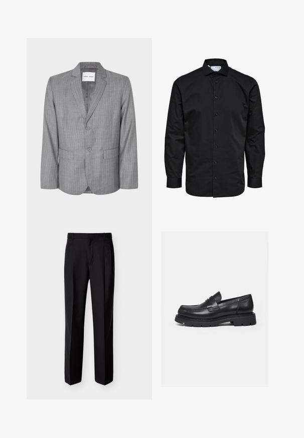Grau gestreifter Blazer mit einem einreihigen Design, zwei vorderen Taschen und einem Reverskragen. Glattes Innenfutter, Zwei-Knopf-Verschluss.; Herren Langarm schwarzes Hemd mit Knopfleiste vorne und klassischem Kragen, aus glattem Stoff.; Schwarze, maßgeschneiderte Hose mit geradem Schnitt, Falten vorne und seitlichen Taschen. Hergestellt aus einem glatten, leichten Stoff mit einfarbigem Muster.; Schwarzer Lederloafer mit dicker, profilierter Sohle und Pennyriemen-Detail, von der rechten Seitenansicht auf weißem Hintergrund gezeigt.