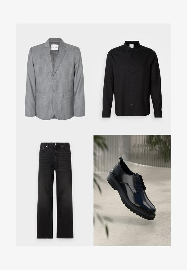 Blazer gris à rayures fines avec un design à boutonnage simple, deux poches avant et un col cranté. Doublure intérieure lisse, fermeture à deux boutons.; Chemise noire à boutons, avec texture en losanges, manches longues et col standard. Présente des boutons à l'avant et un dos uni sans ornements.; Jean noir droit avec cinq poches, passants pour ceinture et fermeture par bouton, présenté sur un fond blanc.; Chaussure en cuir noir avec une finition brillante, bout rond, design à lacets, surpiqûres contrastantes, et semelle épaisse en caoutchouc avec motifs de relief.