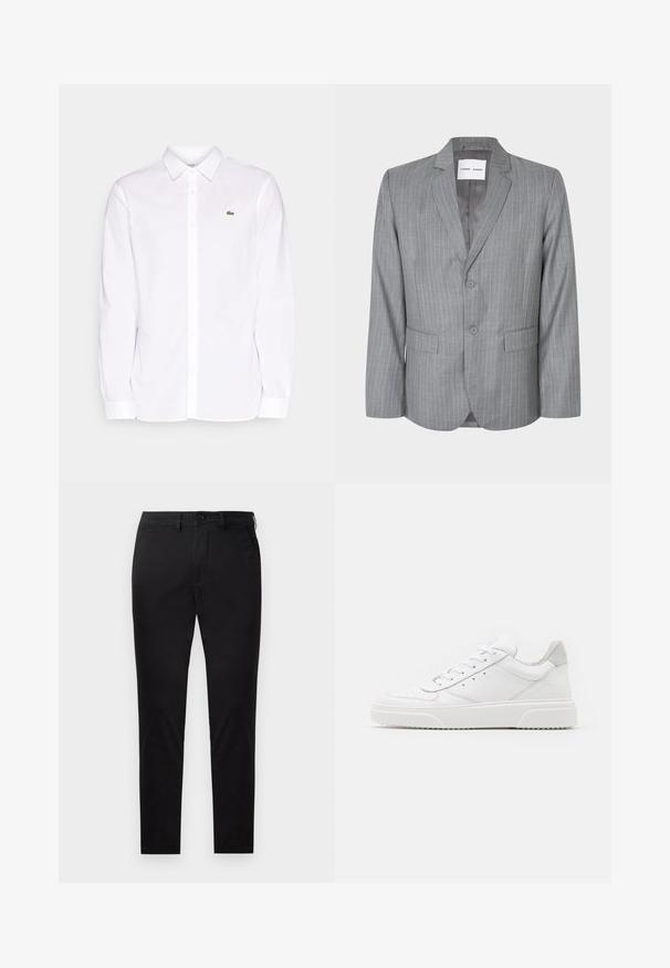 Blazer gris con rayas finas, diseño de un solo botón, dos bolsillos frontales y cuello con muesca. Forro interior suave, cierre de dos botones.; Camisa blanca de manga larga hecha de algodón, que presenta un collar tipo button-down, un logo bordado verde en el lado izquierdo del pecho y puños rectos.; Pantalones negros ajustados con cierre de botón y cremallera, trabillas para cinturón y sin bolsillos visibles, mostrados sobre un fondo blanco.; Zapatillas de cuero blanca con un acabado suave, punta redondeada, cordones planos y una suela texturada. Acento de ante gris en el talón.