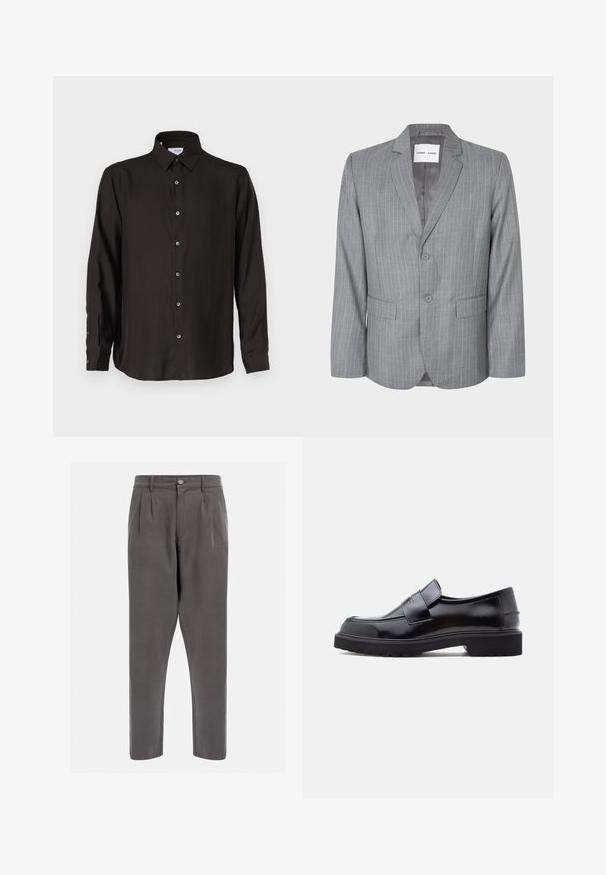 Grau gestreifter Blazer mit einem einreihigen Design, zwei vorderen Taschen und einem Reverskragen. Glattes Innenfutter, Zwei-Knopf-Verschluss.; Schwarzes Langarmhemd aus glattem Stoff, mit durchgehender Knopfleiste, spitzem Kragen und abgerundetem Saum mit kontrastierenden Knöpfen.; Grau gefaltete Hose aus glattem Stoff, mit einem Knopfverschluss und schmal zulaufenden Beinen für eine schlanke Passform. Keine zusätzlichen Muster oder Akzente.; Schwarzer Leder Slipper mit elegantem Design, abgerundeter Schuhspitze und dicker, strukturierten Gummisohle. Mit einem dekorativen Riemen quer über der Vorderseite.