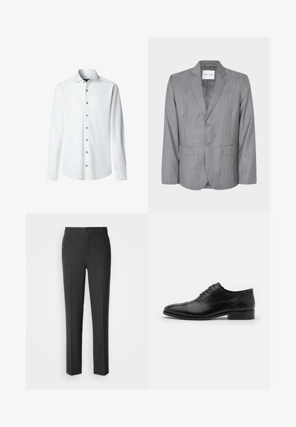 Grå slipsstribet blazer med en enkeltbrystet design, to frontlommer og en spidse krave. Glat indvendig foring, lukning med to knapper.; Hvid langærmet skjorte lavet af glat stof med knaplukning fortil. Har en klassisk krave og messingfarvede knapper langs knapstolpen.; Skræddersyede mørkegrå bukser i et glat stof, med knaplukning, to forlommer og et lige ben-design.; ALDO ABAWIENFLEX - Snøresko - other black