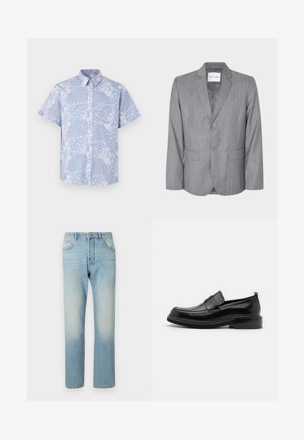 Grå slipsstribet blazer med en enkeltbrystet design, to frontlommer og en spidse krave. Glat indvendig foring, lukning med to knapper.; Kortærmet skjorte i lyseblåt stof med et hvidt blomstermønster og en brystlomme med et logo-tag.; Lyseblå jeans lavet af denim, med et lige ben-design, fem lomme-struktur og falmet vaskeffekt ved lårene.; Calvin Klein MOCCASIN - Business loafers - black