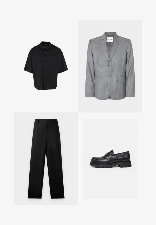 Blazer gris con rayas finas, diseño de un solo botón, dos bolsillos frontales y cuello con muesca. Forro interior suave, cierre de dos botones.; Camisa negra de manga corta confeccionada en un tejido ligero, con cierre de botones en el frente y un cuello clásico, con un corte relajado y estilo cuadrado.; Pantalones negros de algodón con un diseño de pierna recta, que cuentan con un cierre frontal de botón y bolsillos laterales. Textura lisa, sin patrones.; Mocasín negro de cuero con suela gruesa y acanalada y detalle de tira para moneda, mostrado en perfil lateral derecho sobre fondo blanco.